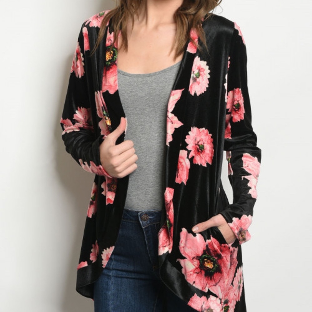LAST 1! SATEEN VELVET FLORAL CARDIGAN with pockets - Picture 2 of 6